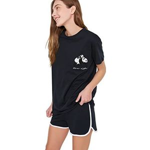 Trendyol Vrouwen met slogan biezen gedetailleerde middelste gebreide T-shirt-korte pyjamaset, Donkerblauw, M