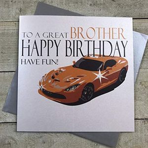 WHITE COTTON CARDS XN75 grote oranje sportwagen, tot een grote broer, tekst Happy Birthday Have Fun!, handgemaakt