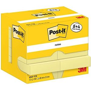 Post-it Notities kanariegeel, verpakking van 12 blokken, 100 vellen per blok, 51 mm x 38 mm, kleur: geel - zelfklevende notitieblaadjes voor notities, to-do-lijsten en herinneringen
