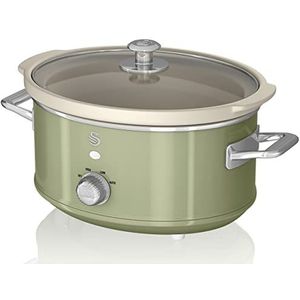 Swan Retro SF17021GNEU Slow Cooker, 3,5 l, afneembare container, antiaanbaklaag, vrij van PFOA en PTFE, 3 temperatuurniveaus, glazen deksel, slowcooker, vintage design, groen, 200 W