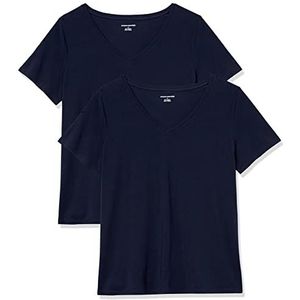 Amazon Essentials T-shirt voor dames, klassieke pasvorm, korte mouwen, V-hals, set van 2, marineblauw, 2x
