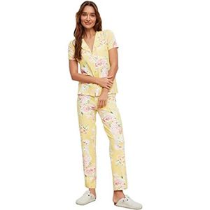 Trendyol Vrouwen Bloemen Knop Gedetailleerde Midden Gebreide Shirt-Broek Pyjama Set, Geel, S