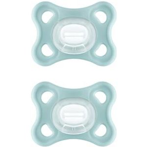 MAM Comfortabele fopspeen in set van 2, bijzonder kleine en lichte fopspeen voor baby's voor vroege en pasgeborenen, van 100% siliconen, met zachte MAM SkinSoft zuignap en fopspeenbox, 0+ maanden,