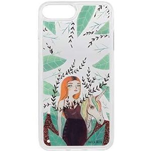 Transparante hoes voor iPhone 7 Plus en iPhone 8 Plus met glitter en illustratie van meisje met eenhoorn exclusief ontwerp van Maria Hesse