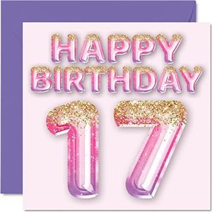17e verjaardagskaart voor meisjes - roze en paarse glitterballonnen - gelukkige verjaardagskaarten voor 17 jaar oud meisje dochter zus kleindochter neef, 145 mm x 145 mm zeventien zeventiende