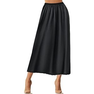 Jadive Satijnen halflange onderrok rok voor dames, satijn, lange slip voor jurken, lingerie, lange rok, Zwart, M