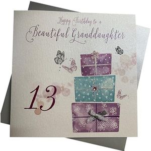 WHITE COTTON CARDS Wenskaart voor de 13e verjaardag Happy Birthday to A Beautiful Granddaughter, motief roze cadeau, extra groot, 1 stuk