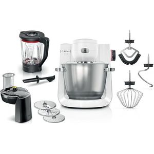 Bosch Serie 6 Keukenmachine, motorvermogen 1600 watt, 3D-mixsysteem, gebakset, hakmolen, ThermoSafe glasmixer, roestvrij staal wit/zilver, MUMS6EW22