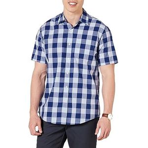 Amazon Essentials Men's Poplin overhemd met normale pasvorm en korte mouwen, Blauw Geruit, XS