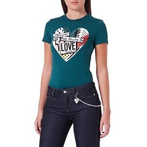 Love Moschino Dames slim fit korte mouwen met patchwork hart print T-shirt, groen, 44
