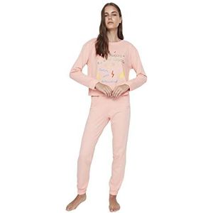 Trendyol Dames met slogan Midden Geweven T-shirt-Broek Pyjama Set, Perzik, M