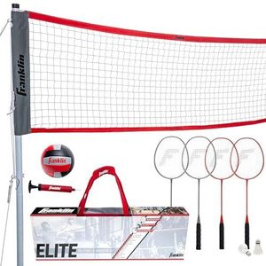 Franklin Sports Elite Badminton Volleybal Combo Net Set - Inclusief Volleybal, Badminton Rackets, Birdies, Polen/Net, Stakes, Touwen, Grenskit - Strand of Achtertuin Badminton - Eenvoudige installatie