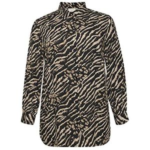Kaffe Curve Plus-size damesshirt met knoopsluiting, bedrukt, losse pasvorm, lange mouwen, dames, Zwart en bruin dierenprint, 50 grote maten