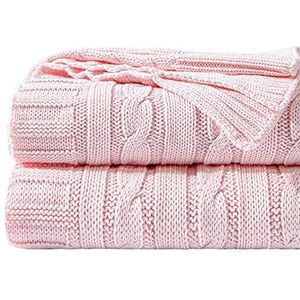 NTBAY 100% puur katoenen kabelgebreide deken, superzachte warme gebreide deken voor bank, sofa, stoel, bed - extra gezellig, machinewasbaar, comfortabele woondecoratie, babyroze, 130 x 170 cm
