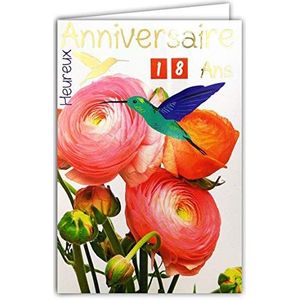 Wenskaart voor verjaardag, trekkaart, leeftijd van 1 tot 110 jaar, tekst goud glanzend - boeket kraankleuren rozen oranje vogels colibris blauw groen