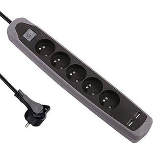 Electraline 35619 Stekkerdoos met 5 stopcontacten en 2 USB- en schakelaars, antislip plafond, siliconen, grijs, 2 m