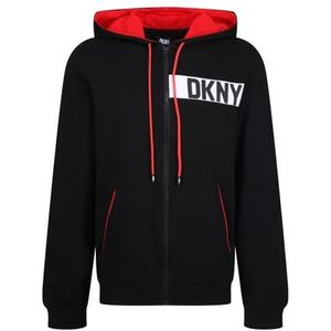 DKNY Heren lange mouwen rits top in zwart met merknaam print en rood gevoerde capuchon - 100% katoen capuchon sweatshirt groot, Zwart, L