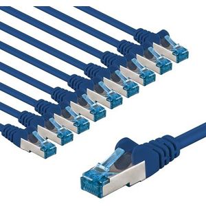 goobay 66039 CAT 6A netwerkkabel set van 10 / patchkabel afgeschermd S/FTP/CU ethernetkabel, PiMF, LSZH/Cat 6a-kabel met 10 Gbits/blauw/10 x 5 m