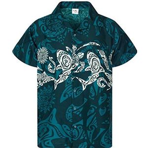 Funky Hawaiiaans Overhemd, Hawaii-Overhemd, Korte Mouw, Maori Chest, Petrol Groen, 3XL