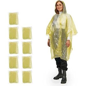 Relaxdays regenponcho set van 10, met capuchon, voor volwassenen, regencape, unisex, regenbescherming, PE, in het geel