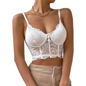 Lilosy Sexy bralette met bloemenpatroon, kant, doorschijnend, draadloos, lange bralette, wit nr. 3, M