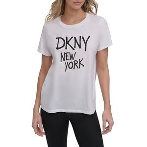 DKNY Rhinestone Graffiti T-shirt met korte mouwen voor dames, Relaxed Fit, Crew Neck Tee, Kleur: wit en zwart., XL