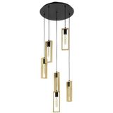 EGLO hanglamp Littleton, 6-vlam vintage pendellamp in industrieel ontwerp, retro plafondlamp hangend van staal en hout, kleur zwart, bruin, E27 fitting, FSC-gecertificeerd