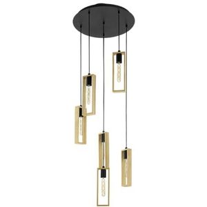 EGLO hanglamp Littleton, 6-vlam vintage pendellamp in industrieel ontwerp, retro plafondlamp hangend van staal en hout, kleur zwart, bruin, E27 fitting, FSC-gecertificeerd