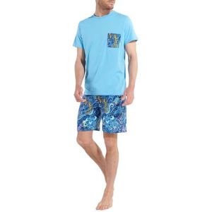 HOM Cyril Pajama korte pyjama set heren, Effen lichtblauw bovendeel, multico bloemenprint onderkant, M