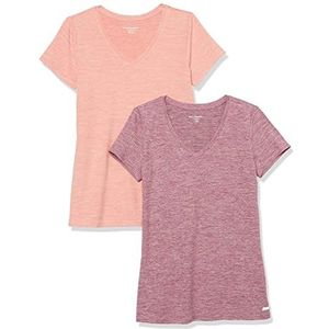 Amazon Essentials Dames Tech Stretch T-shirt met korte mouwen en V-hals (verkrijgbaar in grote maten), 2-Pack, Pruim Ruimteverf/Zalmroze Ruimteverf, XS