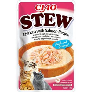 INABA Churu Stew Stoofpot voor katten, snacks recept kip/zalm, rijke en romige onderscheidingen, zonder granen, conserveringsmiddelen, kleurstoffen, weinig calorieën, 40 g