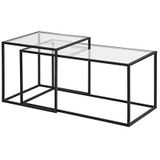 MEUBLE COSY Salontafel set van 2 bijzettafels industrieel design voor woonkamer slaapkamer, glas, metalen frame, zwart, 90x45x45/50x50x50x50cm