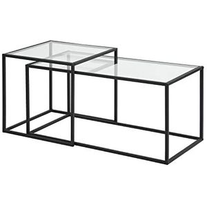 MEUBLE COSY Salontafel set van 2 bijzettafels industrieel design voor woonkamer slaapkamer, glas, metalen frame, zwart, 90x45x45/50x50x50x50cm