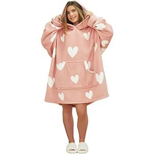 Dreamscene Unisex's draagbare deken, oversized fleece, hartprint, houtskool hoodie, blozen, één maat, Blozen, one size