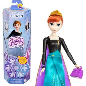 Mattel Disney Frozen Anna Modepop, Draaien en Ontdekken, set met 11 verrassingen, waaronder 5 accessoires, 5 stickers en speelscène, geïnspireerd op de Disney film, HXD27