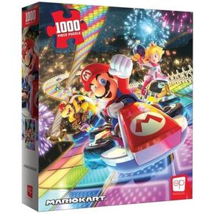The OP USAopoly - Super Mario Puzzel: Mario Kart ""Rainbow Road"" - Puzzel met 1000 stukjes - Met Super Mario Bros, Princess Peach en Bowser - Eindformaat 49 x 68 cm - Leeftijd 8+ - Engels