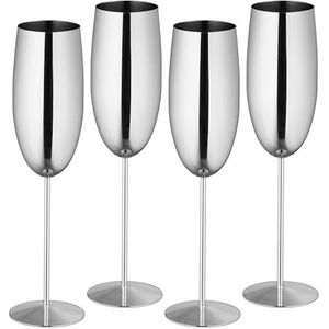 Relaxdays champagneglazen rvs, set van 4, onbreekbaar, glazen houden drankjes lang koel, 250 ml, voor onderweg, zilver