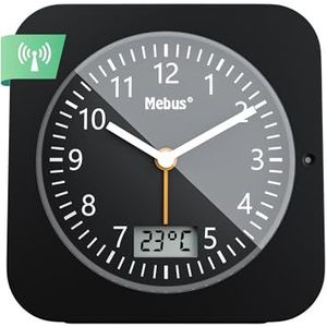 Mebus Draadloze wekker met thermometer/datumweergave, snooze-functie, groot display/vierkant/achtergrondverlichting/kleur: zwart/model: 25609
