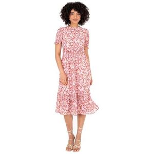 Lovedrobe Dames Midi Jurk Ronde Neklijn Korte Pofmouw Gelaagde Zoom Ruche Dierenprint A-lijn Casual Gelegenheid, Rood 24, Rood, 50