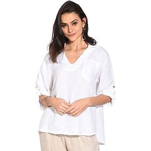 Tuniek voor dames, 100% linnen, gemaakt in Italië, top met V-hals met lange mouwen en zakken, wit, maat: XL, Wit, XL