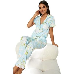 Trendyol Dames Bloemen Midden Gebreide Shirt-Broek Pyjama Set, Blauw, M, Blauw, M