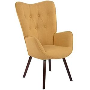 39F FURNITURE DREAM Scandinavische retro stoel voor woonkamer, eetkamer, kantoor met stoffen bekleding, gevoerde armleuningen en poten van massief hout, geel, 68 x 73 x 106 cm