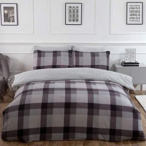 Dreamscene Check Teddy Dekbedovertrek met Kussensloop Super Zachte Fleece Pluizige Winter Tartan Beddengoed Set, Grijs Zilver Charcoal - Superking