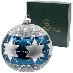 Dekohelden24 Lauschaer Kerstboomversiering - Set van 4 glazen ballen in donkerblauw/zilver, mondgeblazen en met de hand gedecoreerd met sterren, met zilveren kroontjes, grootte Ø ca. 10 cm, (KGL10914)