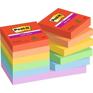 Post-it Super Sticky Notes Speelse kleurcollectie, Pack van 12 pads, 90 vellen per pad, 47,6 mm x 47,6 mm, rood, oranje, geel, groen, blauw - Extra kleverige notities voor notities en takenlijsten