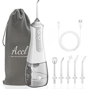 ACCL Waterflosser voor tanden draadloze picker met 5 tips en 3 modi en reistas, 350 ml draagbare mondirrigatorreiniger, krachtige reiniging thuisgebruik, wit