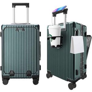 Turmaster Gepatenteerde Luchtvaart Goedgekeurde Handbagage, 20 inch koffer met aluminium frame, geïntegreerd TSA slot, met USB poort & beker, mobiele telefoon houder Reiskoffer (groen)