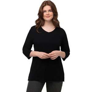 Ulla Popken Damesshirt, ribjersey, V-hals, 3/4-mouw, biologisch katoen, zwart, 50/52, zwart, 50-52