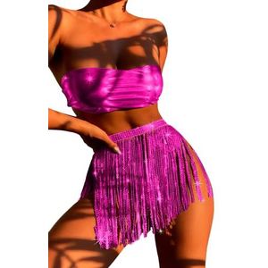 Rave outfits voor dames, 3-delige bikiniset met kwastjes, metallic badpak, holografische bandeautop, badpakken voor festival, Rosé, L