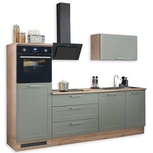 Marseille Moderne kitchenette zonder elektrische apparaten in rietgroen, San Remo eikenlook, ruime inbouwkeuken met veel opbergruimte, 260 x 200 x 60 cm (b x h x d)